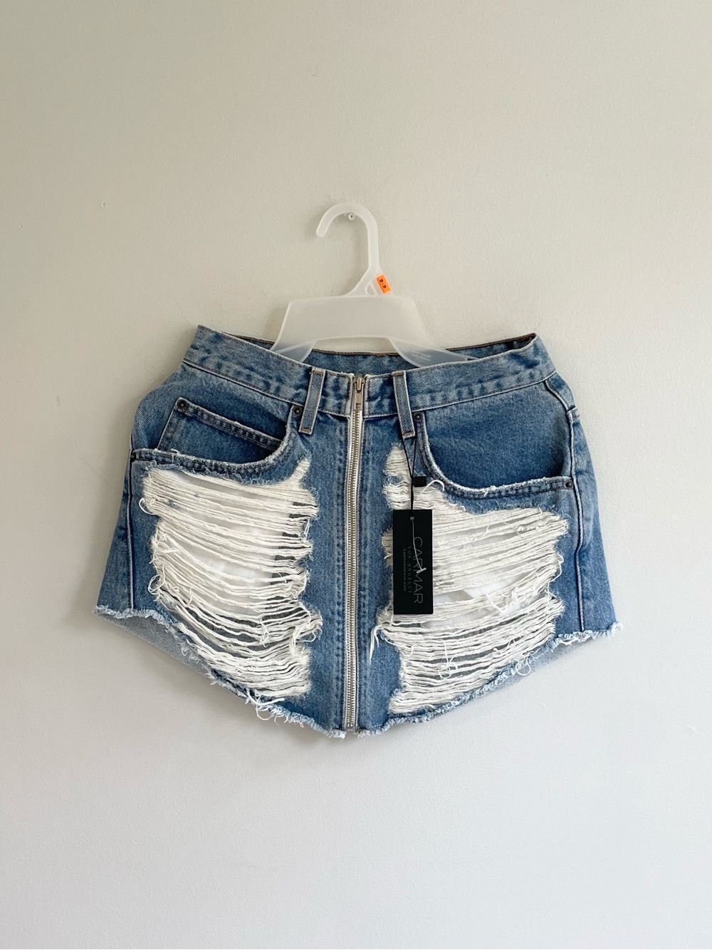 NWT CARMAR DISTRESSED MICRO MINI JEAN DENIM SKIRT EXPOSED ZIPPER FRAYED EDGY